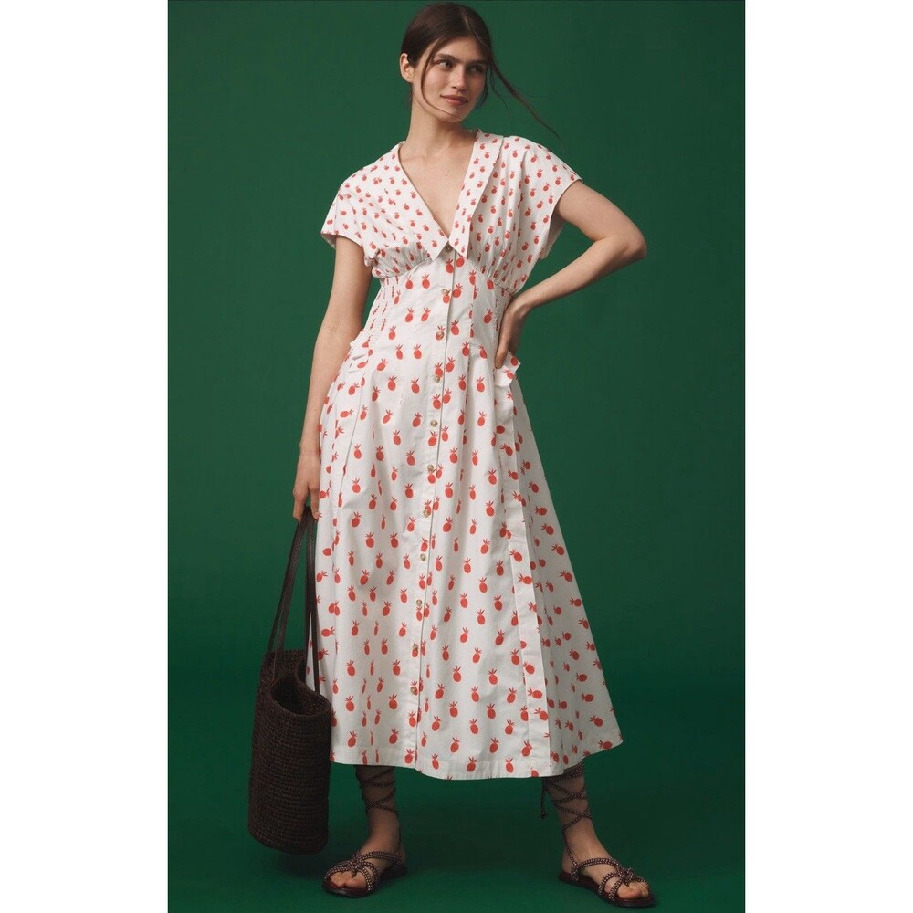 Anthropologie Midi Dress Short Sleeve V Neck Boho Retro Vacay Preppy Medium NWT